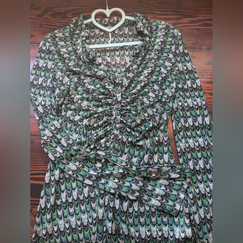 Free People Ruched Mesh Button Down – XS, Marble Feather Print